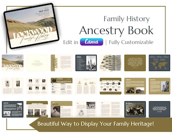 Könnte beinhalten: Ein digitales Familien-Geschichtsbuch mit einem Landschaftsbild auf dem Cover. Das Buch trägt den Titel "Family History Ancestry Book" und ist vollständig anpassbar. Der Text "Beautiful Way to Display Your Family Heritage!" ist ebenfalls sichtbar.