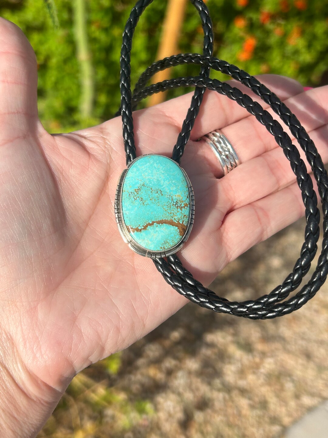 MENS BOLO TIE Kingman Turquoise Sterling Silver Navajo Handmade Mens