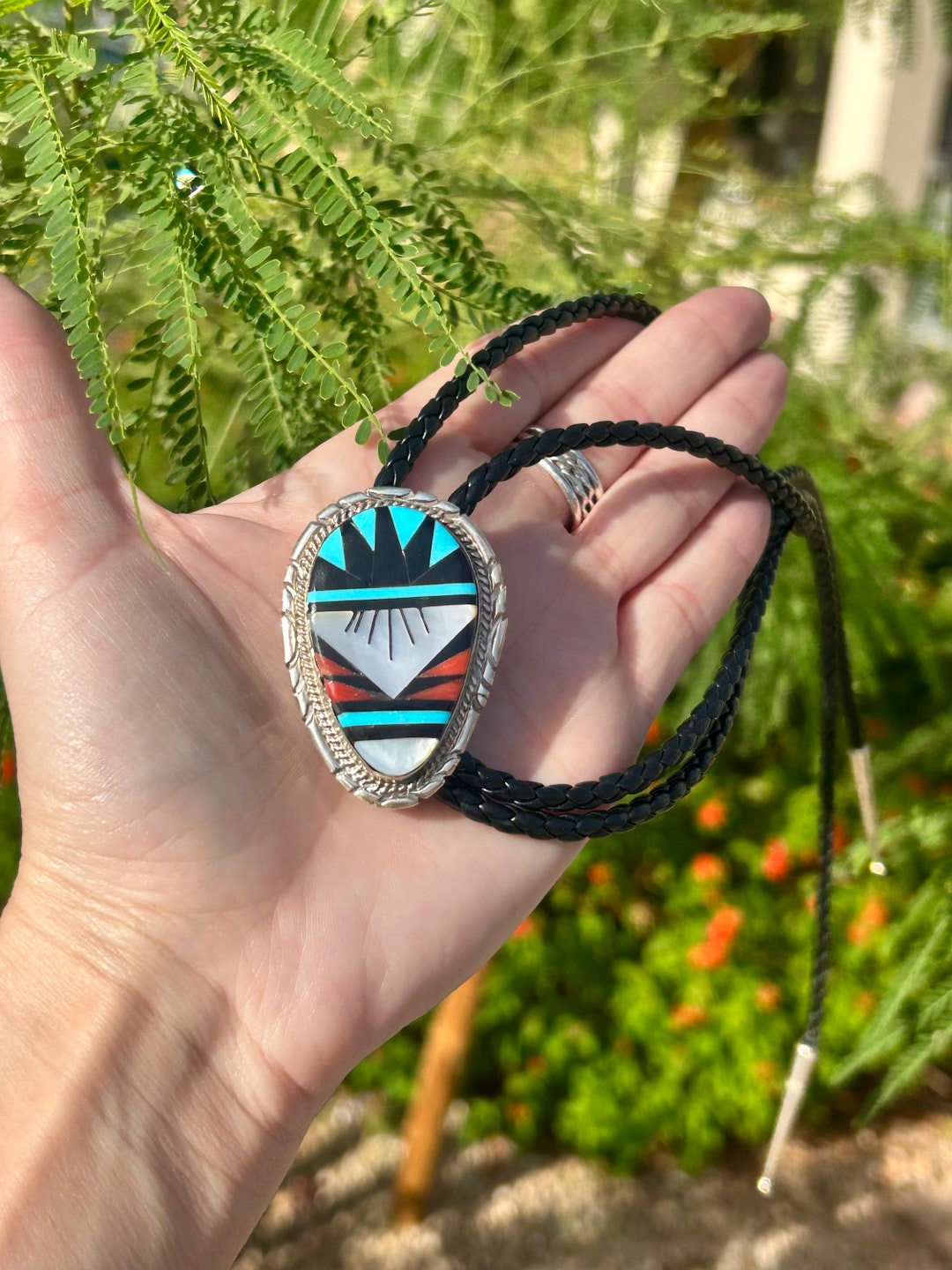 ZUNI Inlay Mother of Pearl Coral Sleeping Beauty Turquoise Sterling