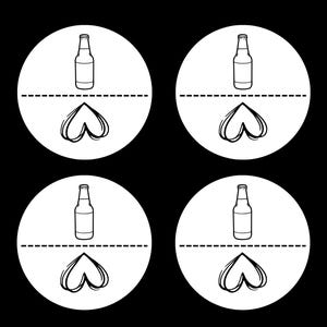 May include: Four white circles with black outlines, each containing a black and white illustration of a beer bottle and a heart. The circles are arranged in a 2x2 grid.