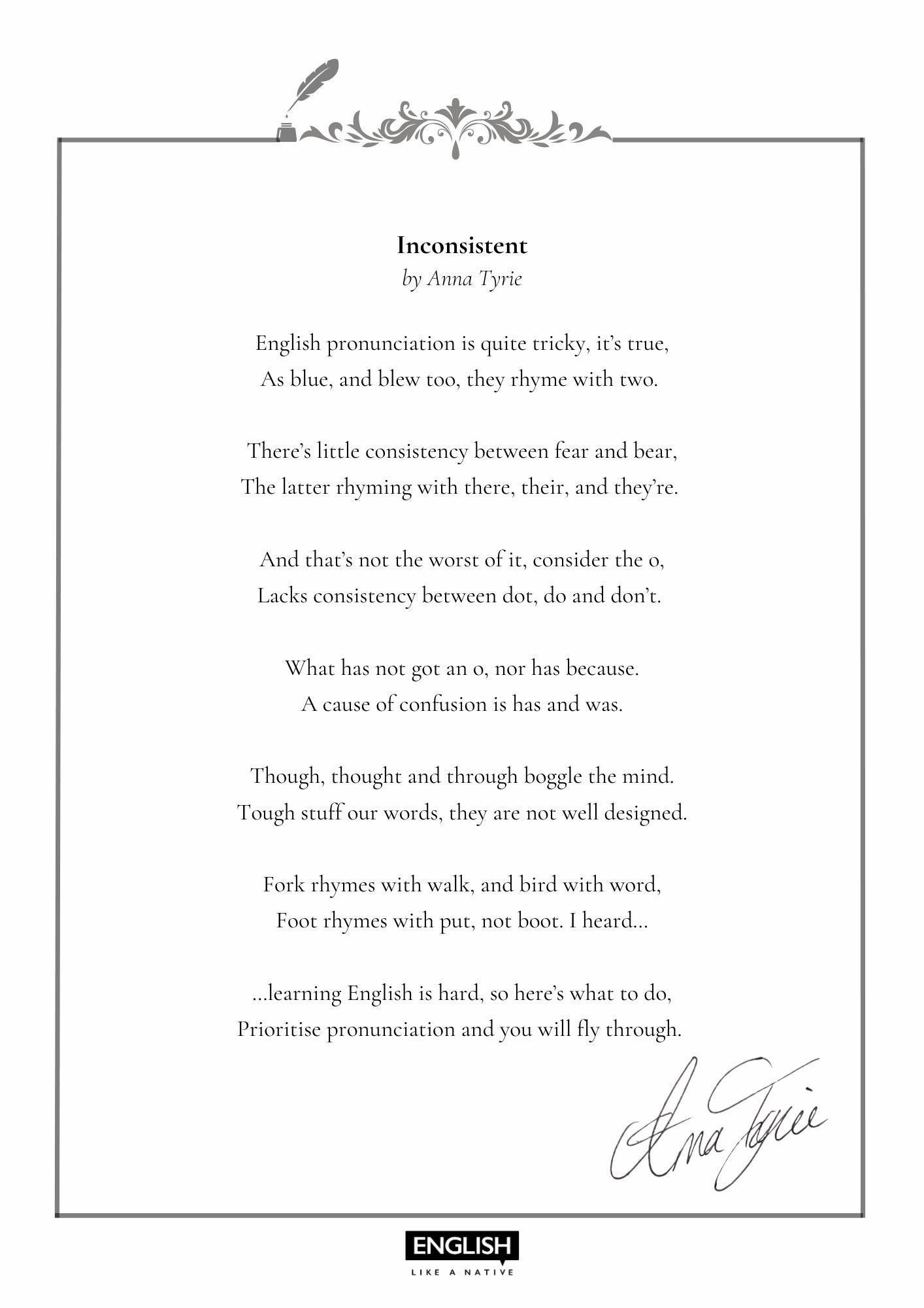 English Pronunciation Poem Digital, Print & Audio, Anna Tyrie, English Learning Printable