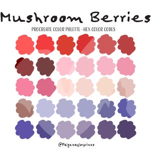 Peut inclure: Une palette de couleurs numérique appelée "Mushroom Berries" avec 36 échantillons de couleurs dans des tons de rouge, rose, marron, violet et bleu. La palette de couleurs est conçue pour être utilisée dans l'application Procreate.