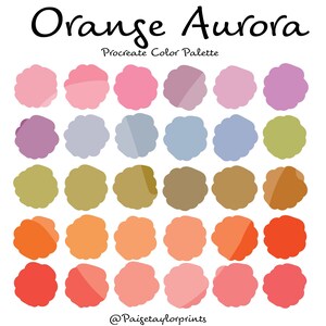 Può includere: Una tavolozza di colori digitale per Procreate chiamata "Orange Aurora" con 20 campioni di colore in tonalità di rosa, viola, blu, verde, marrone, arancione e rosso.