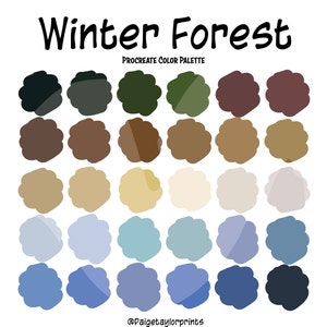 Puede incluir: Una paleta de colores digital para Procreate, titulada "Winter Forest", que presenta 36 muestras de colores en tonos de marrón, beige, gris, azul y verde.