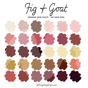 Puede incluir: Una paleta de colores Procreate titulada "Fig + Goat" con varios tonos de rosa, marrón y beige. La paleta incluye códigos de color hexadecimales. La imagen presenta una cuadrícula de muestras de color, ideal para proyectos de arte y diseño digital.