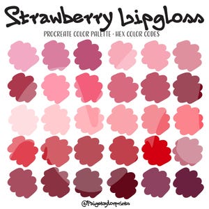 May include: A digital color palette for Procreate featuring 36 shades of pink and red, ranging from light pink to deep burgundy. The palette is titled "Strawberry Lipgloss".