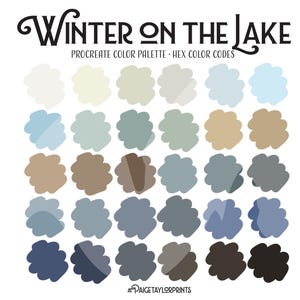 Puede incluir: Una paleta de colores de Procreate con 36 muestras de colores en tonos de blanco, beige, marrón, azul y gris. La paleta se titula "Winter on the Lake" e incluye códigos de colores hexadecimales.