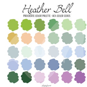 May include: A digital colour palette with 30 different shades of green, blue, purple, and brown. The palette is labelled "Heather Bell Procreate Colour Palette - Hex Colour Codes".