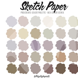 Puede incluir: Una paleta de colores digital para Procreate con 25 tonos de beige, marrón y gris. La paleta se titula "Sketch Paper" y está diseñada por @paigetaylorprints.