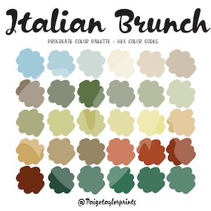 Puede incluir: Paleta de colores "Italian Brunch" con tonos de azul, verde, marrón y naranja. El texto incluye "Procreate Color Palette" y "Hex Color Codes". La imagen está sobre un fondo blanco.