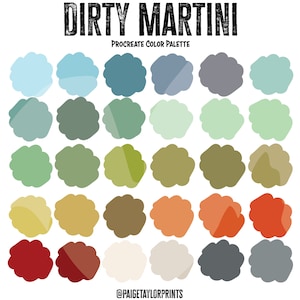 May include: A color palette called "Dirty Martini" for the Procreate app. The palette features 25 different shades of blue, green, yellow, orange, red, and gray.