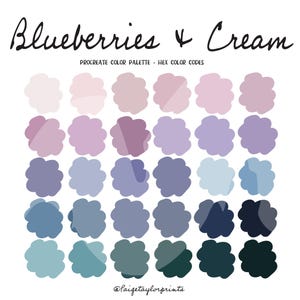 May include: A color palette titled "Blueberries & Cream" with various shades of blue, purple, and cream. The palette includes a range of colors from light pastels to deep blues and greens, ideal for digital art or design projects. The text "Procreate Color Palette" and "Hex Color Codes" are also included.