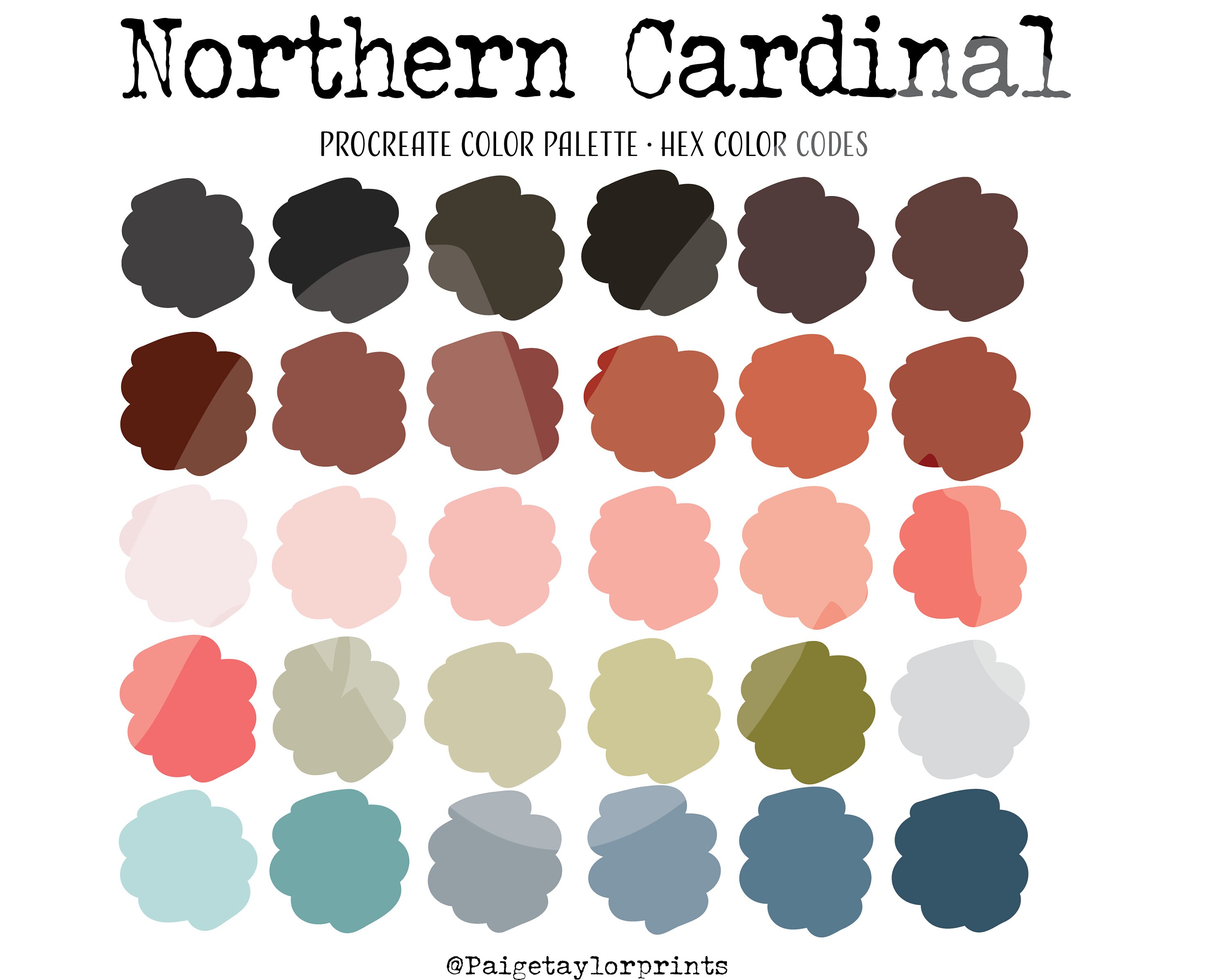 Paleta de cores para Procreate Northern Cardinal – 30 vermelhos, rosas, verdes e azuis com códigos hex