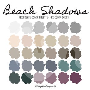 May include: A Procreate color palette with the title "Beach Shadows" and hex color codes. The palette features 24 shades of gray, brown, blue, and purple.