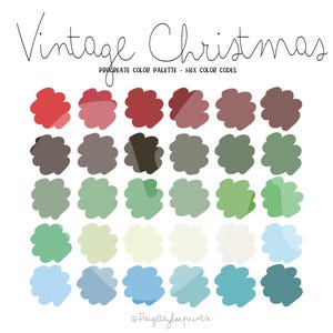 May include: A color palette titled "Vintage Christmas" with a variety of colors arranged in a grid. The colors include shades of red, brown, green, blue, and white. Text includes "Procreate Color Palette" and "Hex Color Codes".