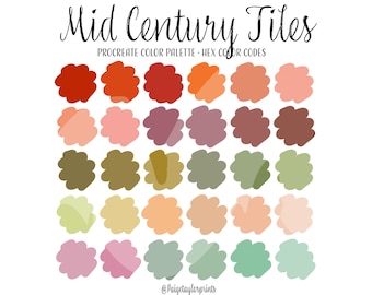 Mid Century Tiles Procreate färgpalett, färgglad palett, färgpalett, iPad Pro, Procreate, hexagonala färgkoder, digital illustration