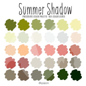 Könnte beinhalten: Eine digitale Farbpalette für Procreate mit 36 Farbtönen in Grün, Beige, Braun und Rot in einem sommerlichen Farbschema. Die Palette trägt den Titel "Summer Shadow" und enthält Hex-Farbcodes.