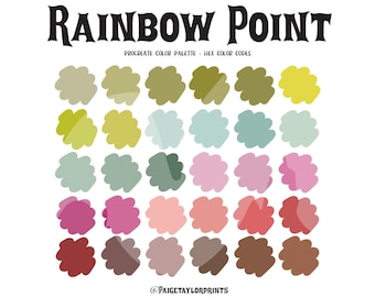 Può includere: Una tavolozza di colori di arte digitale intitolata "Rainbow Point" con una varietà di colori disposti in una griglia. La tavolozza include sfumature di verde, blu, rosa e marrone, con il testo "Procreate Color Palette - Hex Color Codes".