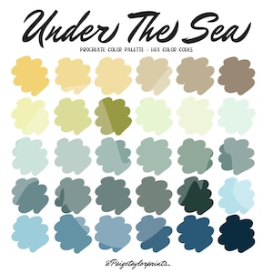 Peut inclure: Palette de couleurs Procreate intitulée « Under The Sea » avec des nuances de bleu, de vert et de jaune. La palette comprend des codes de couleur hexadécimaux. L'image présente une collection d'échantillons de couleurs disposés en rangées.