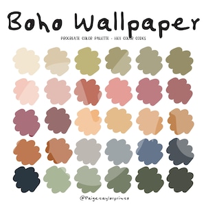 May include: A digital art print titled "Boho Wallpaper" featuring a Procreate color palette with hex color codes. The design showcases a grid of 36 abstract, cloud-like shapes in various muted tones, including beige, pink, green, and brown.