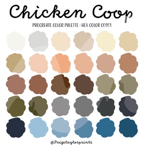 Op de afbeelding: Een digitaal kleurenpalet voor Procreate met 25 tinten bruin, beige, grijs, blauw en groen. Het palet heeft de titel "Chicken Coop" en is van @Paigetaylorprints.