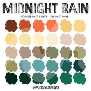 May include: A color palette titled "Midnight Rain" with a variety of warm and cool tones. The palette includes shades of brown, orange, yellow, green, and blue. The text "Procreate Color Palette" and "Hex Color Codes" are also present.