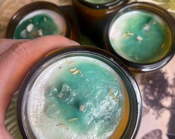 Fae Trap Crystal Candle – Moss, Rosemary & Rain Forest Scent – Fairycore Cottagecore Ritual Soy Candle – Green Aventurine- Bookish Gift