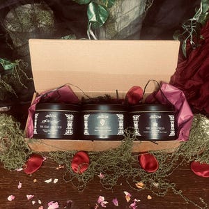 Puede incluir: Una caja de regalo que contiene tres velas de lata negras con etiquetas blancas. Las etiquetas dicen "The Star-Crossed", "The Tangled" y "The Temptress". La caja está forrada con papel de seda morado y decorada con pétalos de rosa rojos y vegetación.