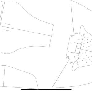 Può includere: Un disegno in bianco e nero di un modello per un capo di abbigliamento. Il modello comprende tre pezzi: un davanti, un dietro e una manica. Il modello è progettato per un capo con un colletto a punta e un corpetto aderente.