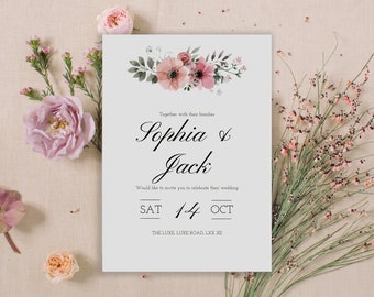 Watercolour Flower Design Wedding Invitation Template, Printable Wedding Invitation, Edit with TEMPLETT, Instant Download