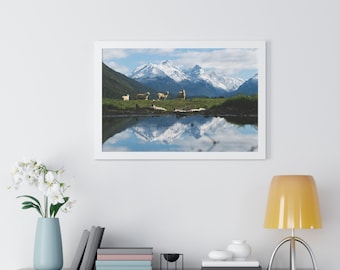 New Zealand Mountain Lake Print: Sheep Reflection Landscape (Digital Download)