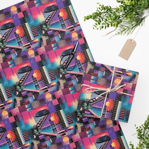 May include: A colorful geometric pattern wrapping paper with a retro 80s style design. The paper features a repeating pattern of squares, rectangles, and circles in shades of pink, blue, purple, and yellow.
