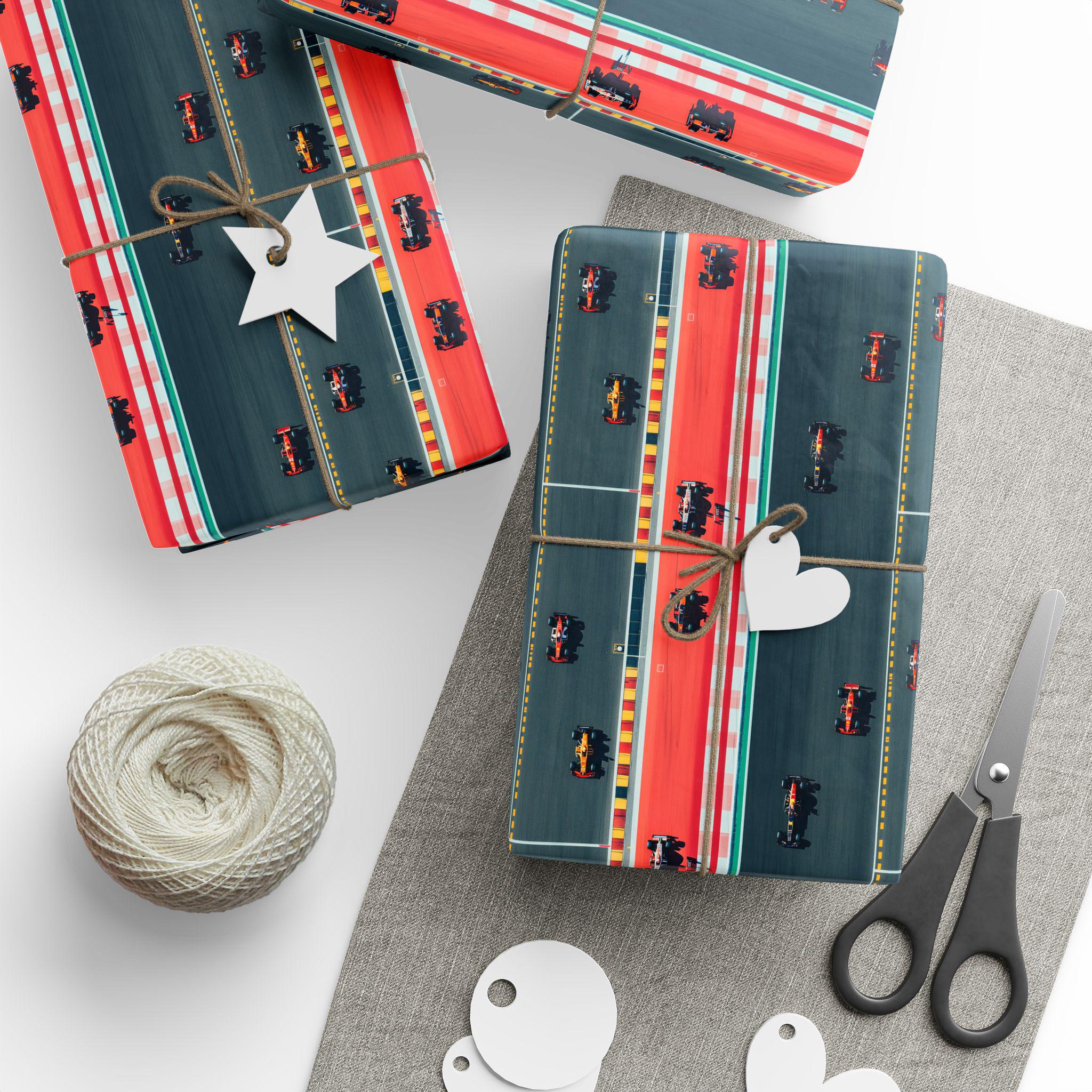 F1 Race Wrapping Papers, Formula 1 Gift Wrap, Race Car Birthday Party Supplies, Sports Theme Gift Wrap, Checkered Flag Wrapping Paper,