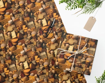 May include: A sheet of wrapping paper with a repeating pattern of different types of cheese. The cheese is in various shapes and sizes, and the colors range from pale yellow to deep orange.