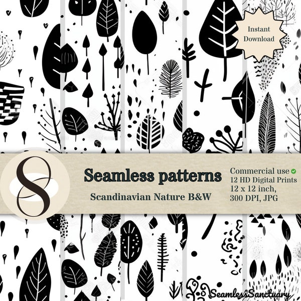 12 Black and White Scandinavian Nature Seamless Patterns: Minimalist Nordic Textile & Wallpaper Designs