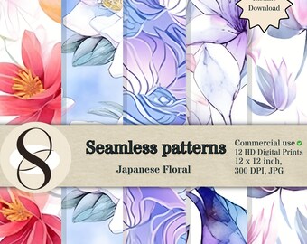12 Japanese Floral Patterns - Seamless Digital Designs for Home Decor & Textiles - Elegant Watercolor Floral Designs - Instant Download