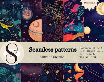 12 motifs abstraits colorés sans couture Universum : dessins cosmiques vibrants pour textiles et papiers peints