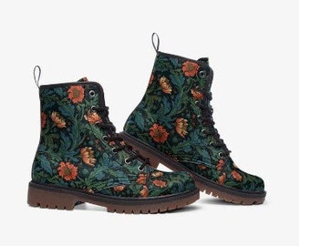 William Morris green and orange pattern vegan leather boots festival boots