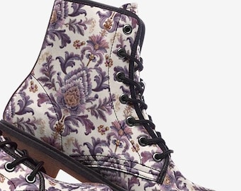 Damasco púrpura botas de cuero vegano festival grunge botas 70s vibe retro botas patrón botas