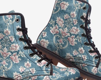 French lady vegan leather boots festival beautiful patterned boots pastel blue and pastel pink boots vegan leather