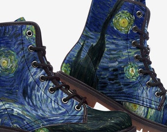 Botas ligeras de cuero vegano azul noche estrellada de Van Gogh Botas de festival