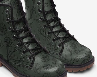 Lineart Flower Gothic Green vegan leather Boots - Stylish, Comfortable Ethical vegan Fashion for Festivals Artistic boots, Statement Shoes