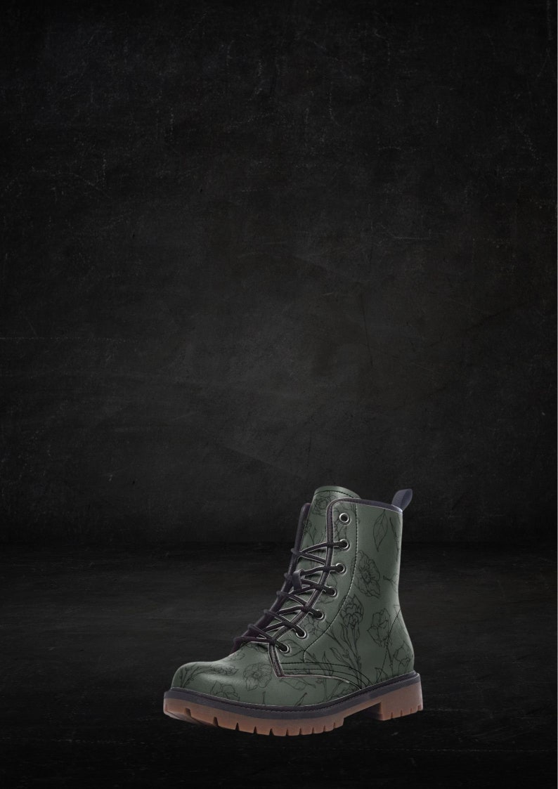 Lineart Flower Gothic Green Vegan Leather Boots Stylish, Comfortable Ethical Vegan Fashion for