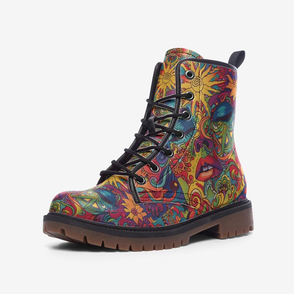 Abstract Funky Combat Boots Lace Up Mid Top Multicolor Vibrant  M 6.5/ W 8 Size 6 brand, new rave, combat boots, trippy, | Mercari main image 4