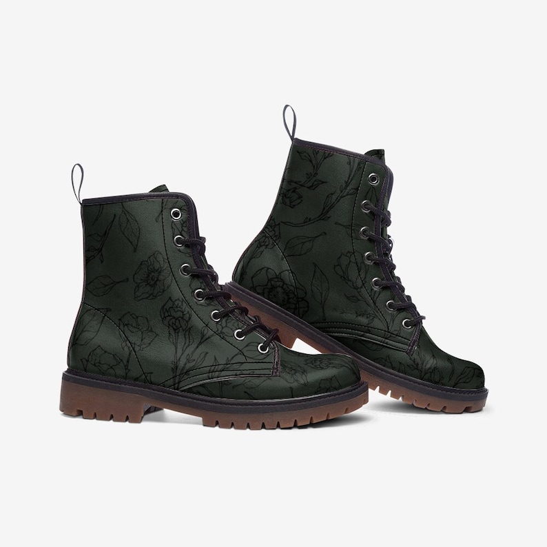 Lineart Flower Gothic Green Vegan Leather Boots Stylish, Comfortable Ethical Vegan Fashion for