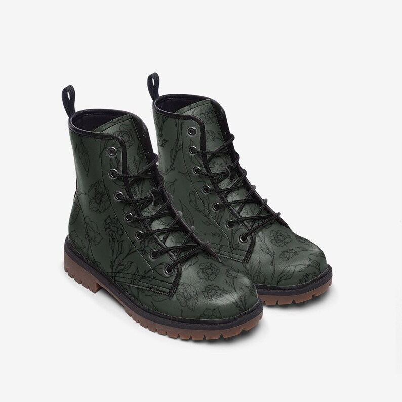 Lineart Flower Gothic Green Vegan Leather Boots Stylish, Comfortable Ethical Vegan Fashion for