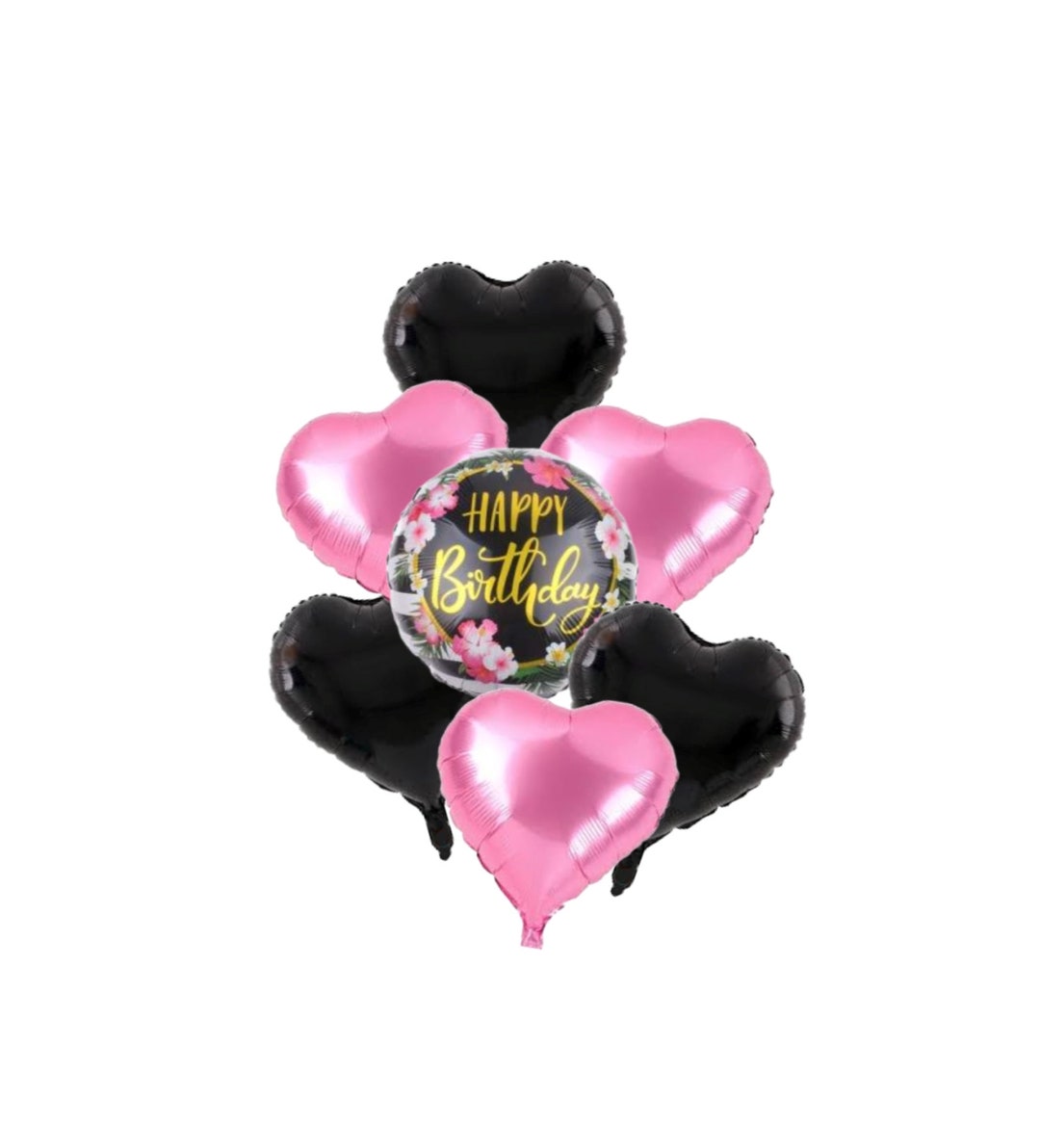 7 Pcs Happy Birthday Balloon Bouquet With Pink and Black Hearts BQ12 - Etsy