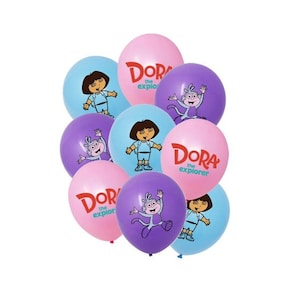 May include: A set of nine Dora the Explorer balloons. The balloons are pink, purple, and blue. They feature Dora, Boots the monkey, and the words "Dora the Explorer".