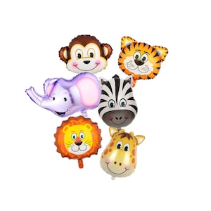 Large Safari Animal Foil Balloons, Zebra, Lion, Monkey, Tiger, Giraffe and Elephant. Get one or Get them all