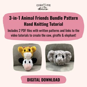 Peut inclure: Image de téléchargement numérique présentant un tutoriel de tricot à la main pour créer une vache, une girafe et un éléphant. L'image comprend deux jouets en peluche et le texte "3-en-1 Animal Friends Bundle Pattern Hand Knitting Tutorial".